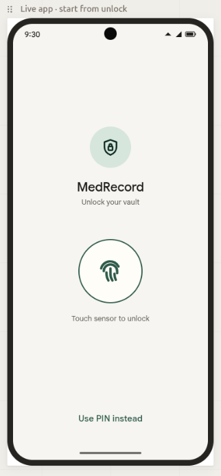 MedRecord wireframe — auth and vault entry